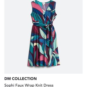 Plus size midi dress abstract design. Faux wrap front with tie sash detail. 20W